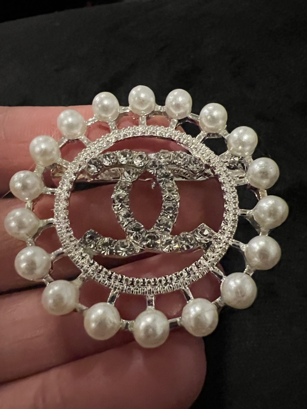 CHANEL Silver-Tone Pearl & Crystal Double C Brooch